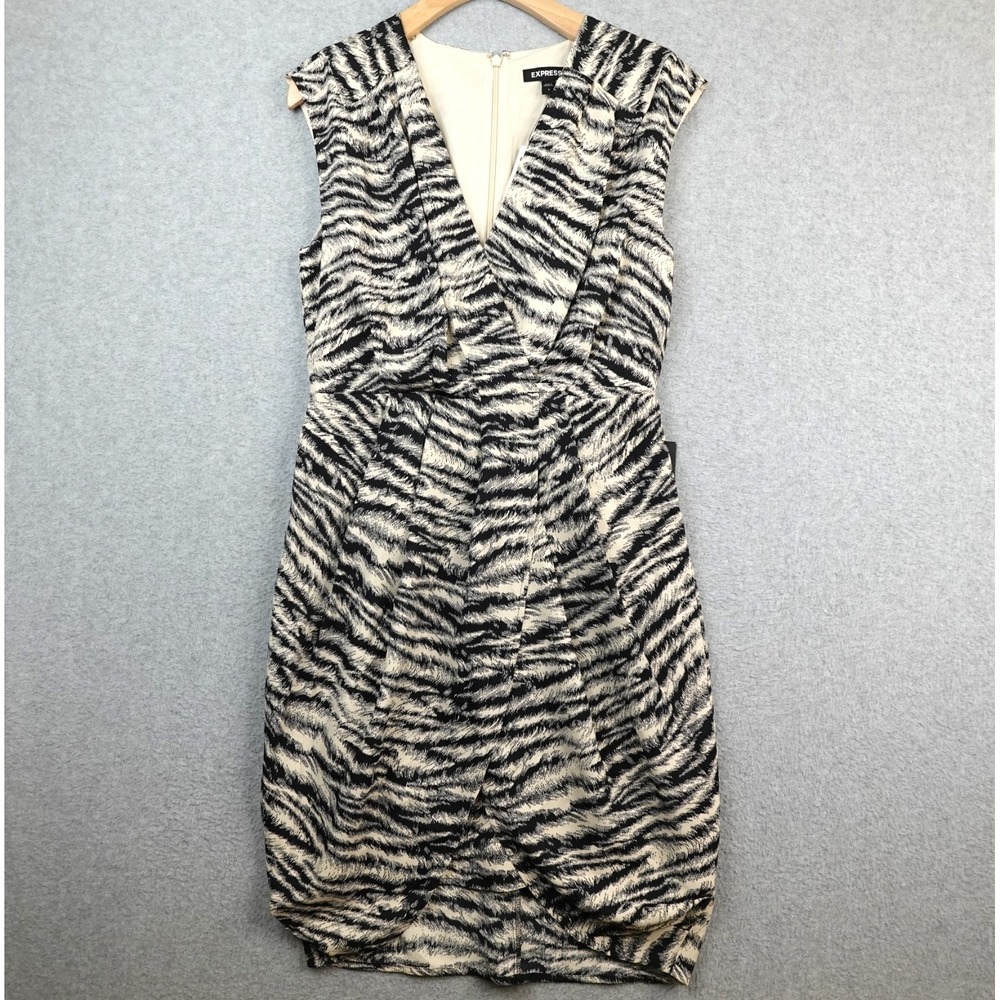 Express Dress Womens Small Beige Black Sleeveless Zebra Cocktail Party